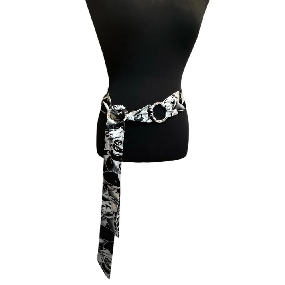 Y2K Style Bling Belt  Rhinestone Accents Black and White Floral Party Floral